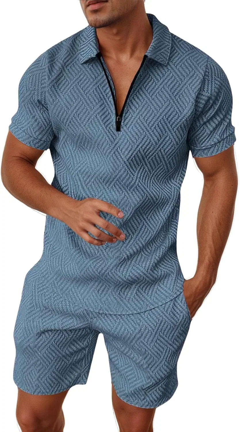 Спортивный костюм с поло и шортами, молния, полоска, Light Blue
