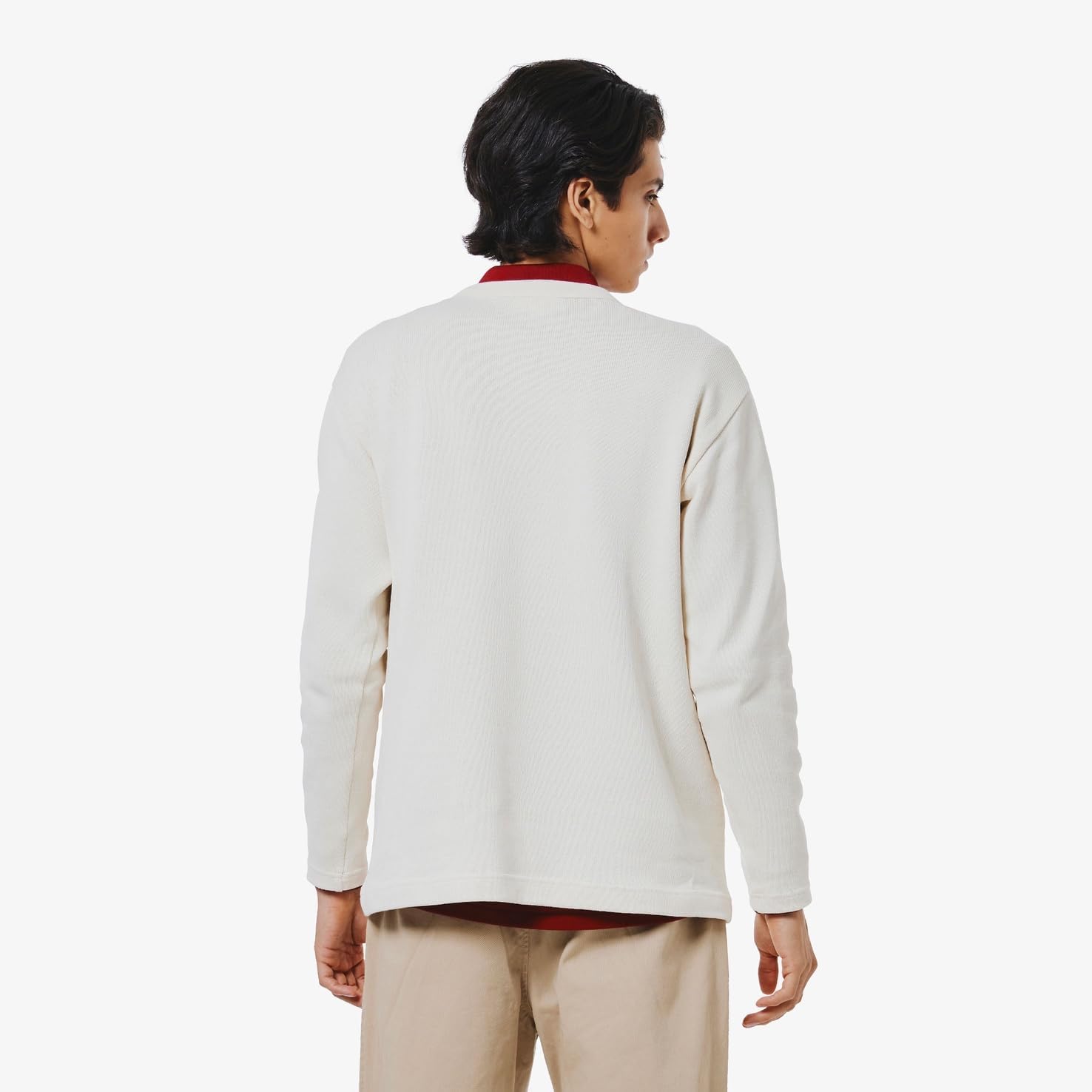 Мужская футболка Lacoste (официальная) из плотного трикотажа с длинным рукавом, светло-бежевый — фото 2