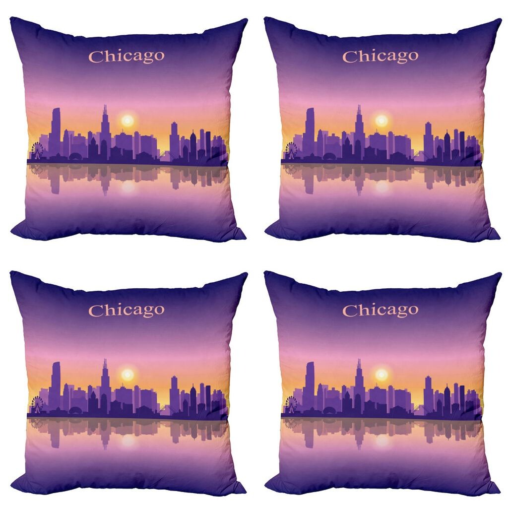 

ABAKUHAUS Набор чехлов для подушек Chicago Skyline (4 предмета), Illinois Sunset, современная двусторонняя цифровая печать, 40 см x 40 см, фиолетовый абрикосовый розовый