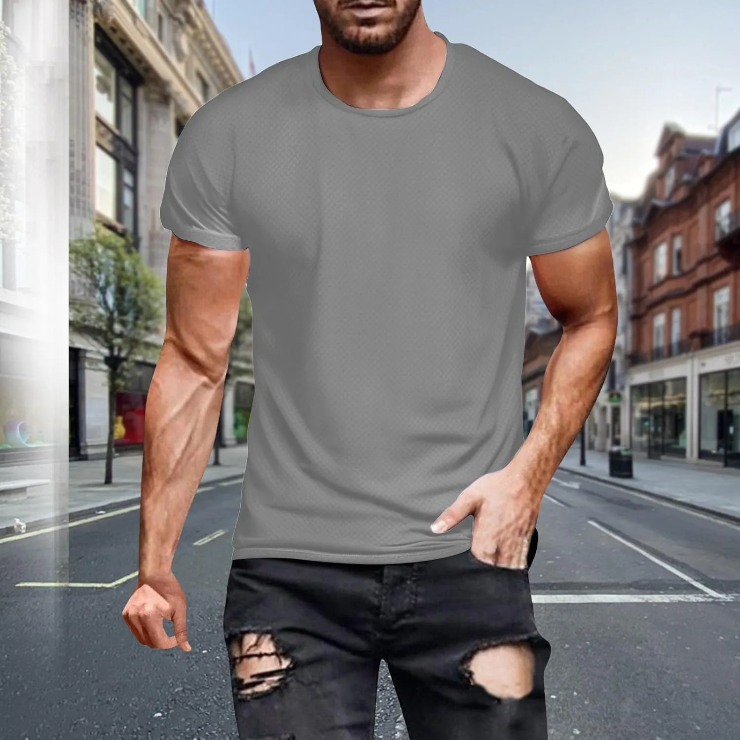 Мужская майка-сетка Athletic Dry Fit с круглым вырезом, эластичная футболка с коротким рукавом, спортивная легкая майка Generic, серый — фото 2