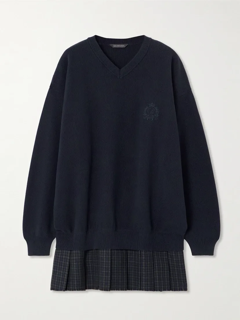 Многослойное мини-платье из хлопка с вышивкой и отделкой из шерсти BALENCIAGA, синий
