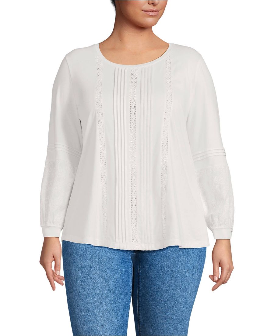 

Легкий трикотажный топ больших размеров с кружевом, длинными рукавами и складками Lands' End, Ivory