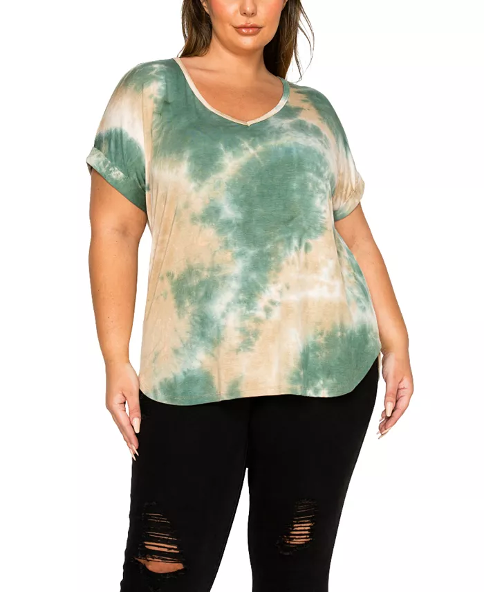 

Футболка с V-образным вырезом и закатанными рукавами в стиле тай-дай Plus Size Dolman COIN 1804, мультиколор
