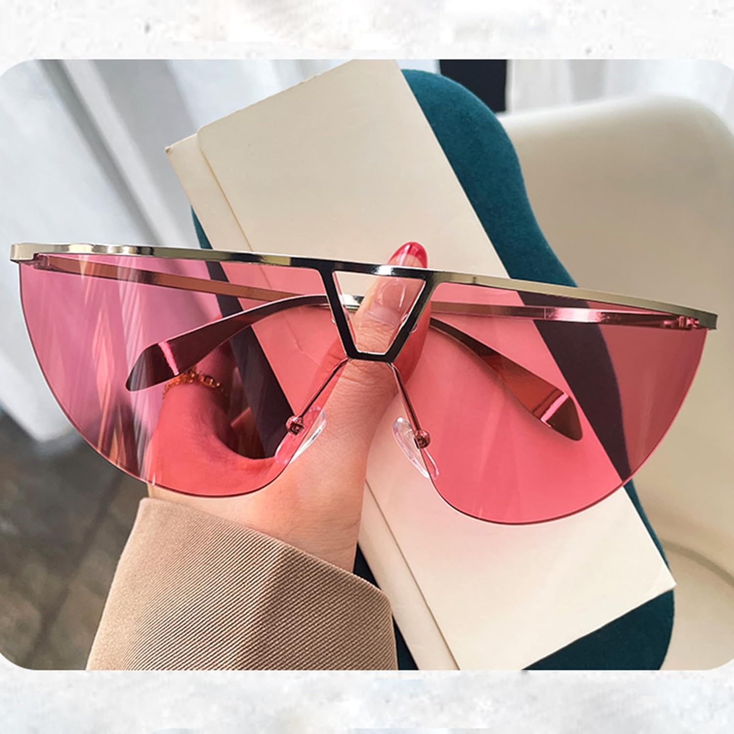 

Солнцезащитные очки Bullabulling Y2K с обтекаемой формой для женщин и мужчин, солнцезащитные очки с плоской верхней частью, футуристические безрамочные солнцезащитные очки с градиентными линзами, Silver/Pink