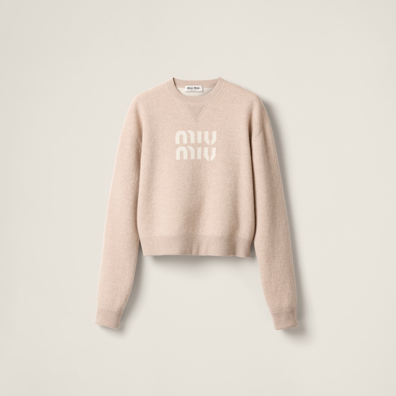 

Кашемировый свитер двойной вязки с логотипом Miu Miu, бежевый