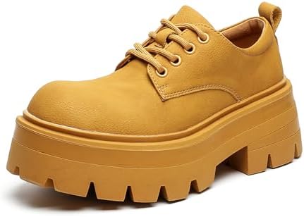 

Мужские кожаные туфли на платформе оксфорды - классический круглый носок, шнуровка, деловые туфли - комфортная противоскользящая подошва, массивный каблук, туфли дерби для увеличения роста Zghnp, желтый