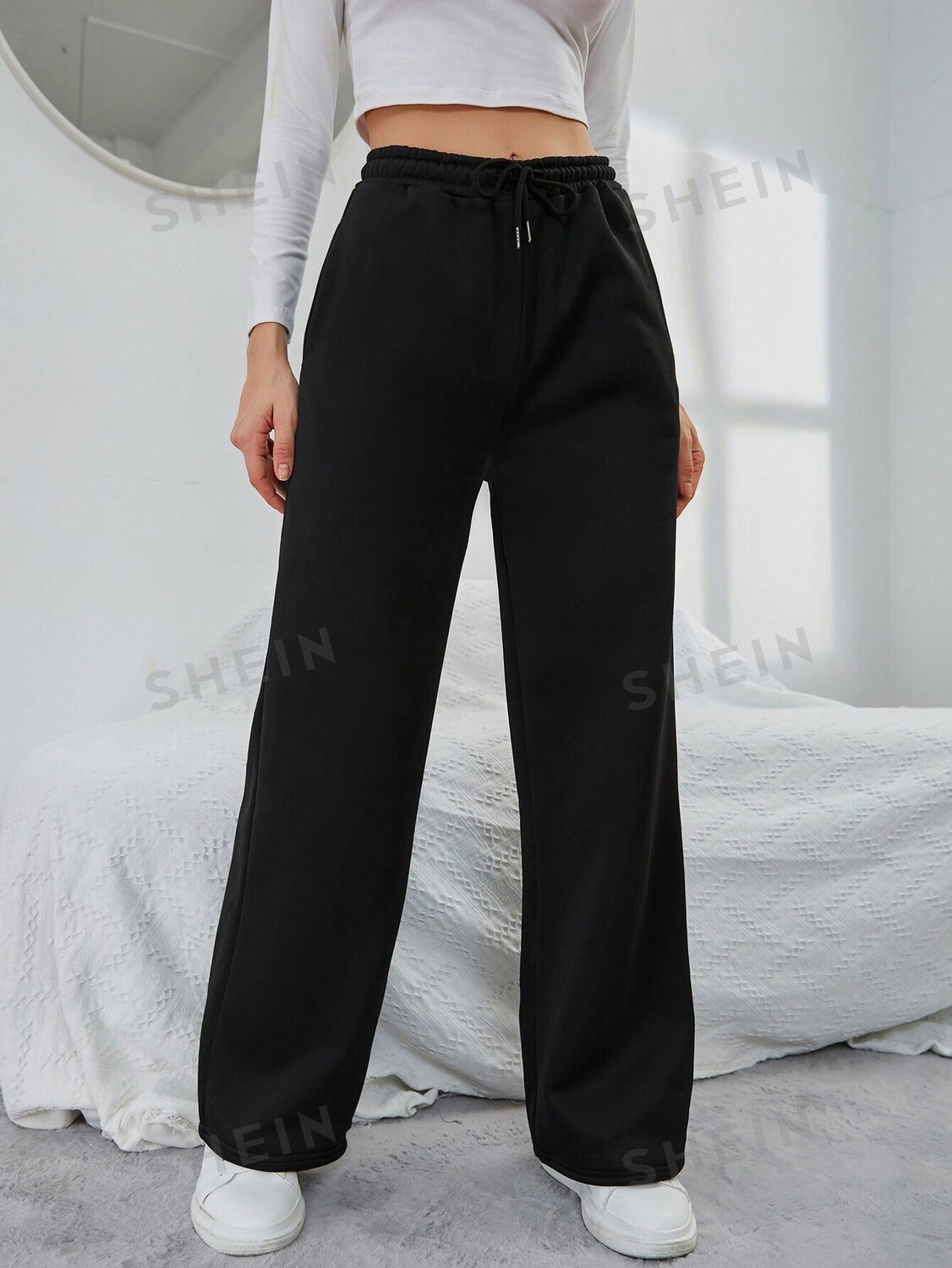 

EZwear Женские брюки-джоггеры, Однотонные, на шнурке Shein, черный