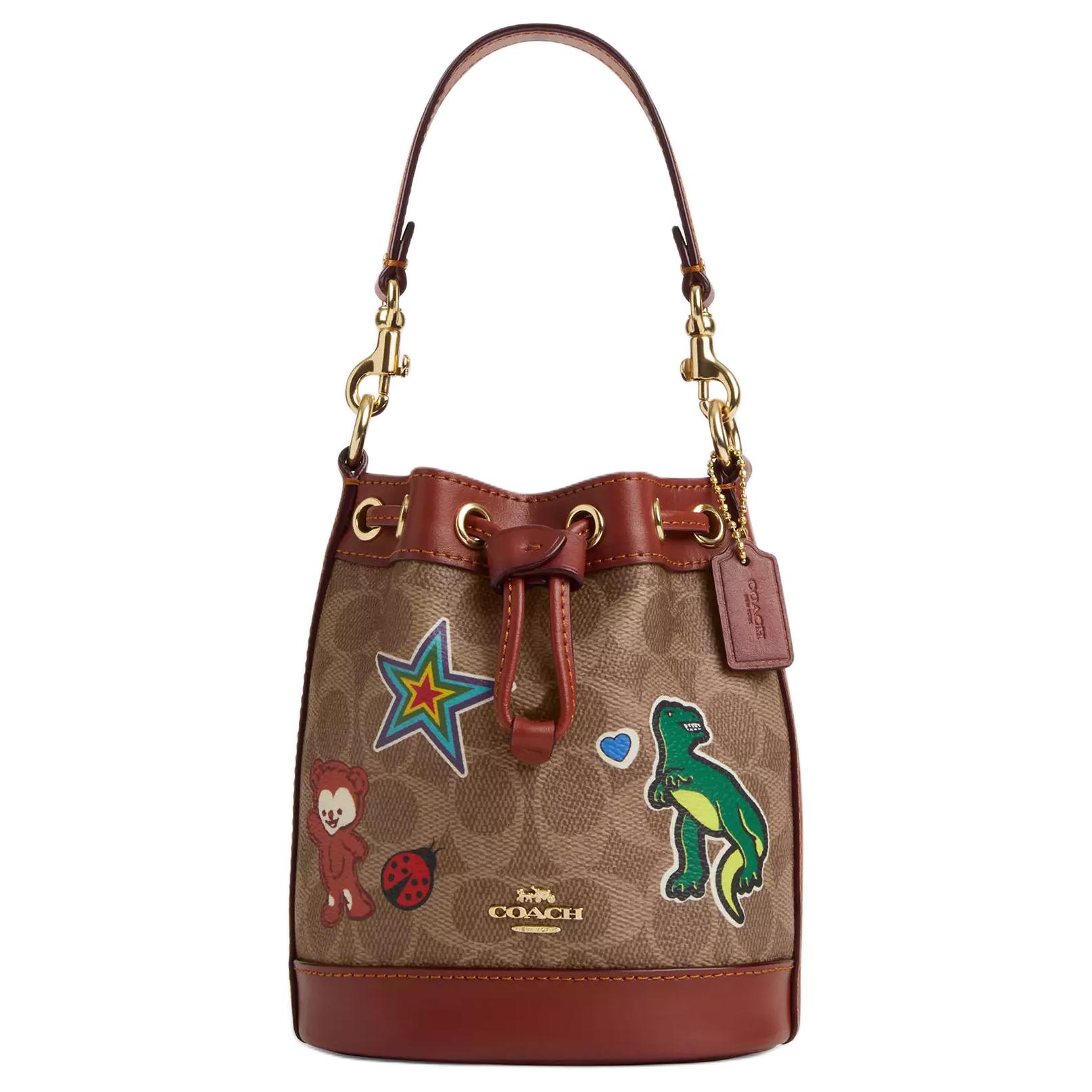 

COACH Сумка-ведро Dempsey Coated Canvas Bag Mini, женская, золотисто-бежевая и разноцветная