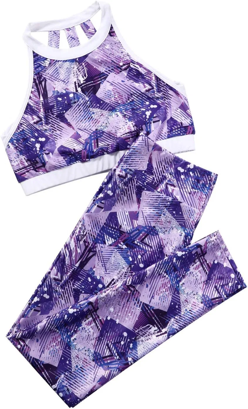 Спортивный комплект для девочек, танцевальный топ и леггинсы, Hansber, Purple Geometric Pat — фото 4