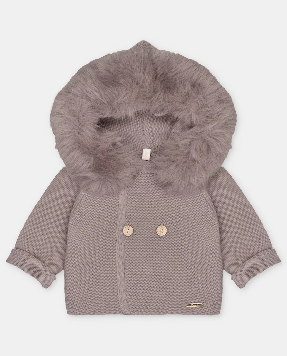 

Вязаное пальто для малышей с капюшоном и натуральным мехом землистого цвета Martín Aranda