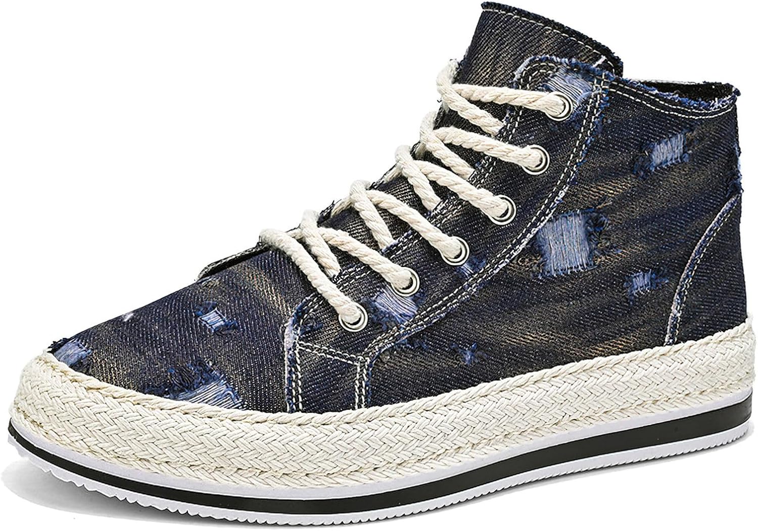 

Мужские высокие джинсовые кроссовки Exusiai с эффектом потертости, для скейтборда, дышащая ткань, противоскользящие, для улицы и повседневной носки, хорошее сцепление, шнуровка, круглый носок, синий