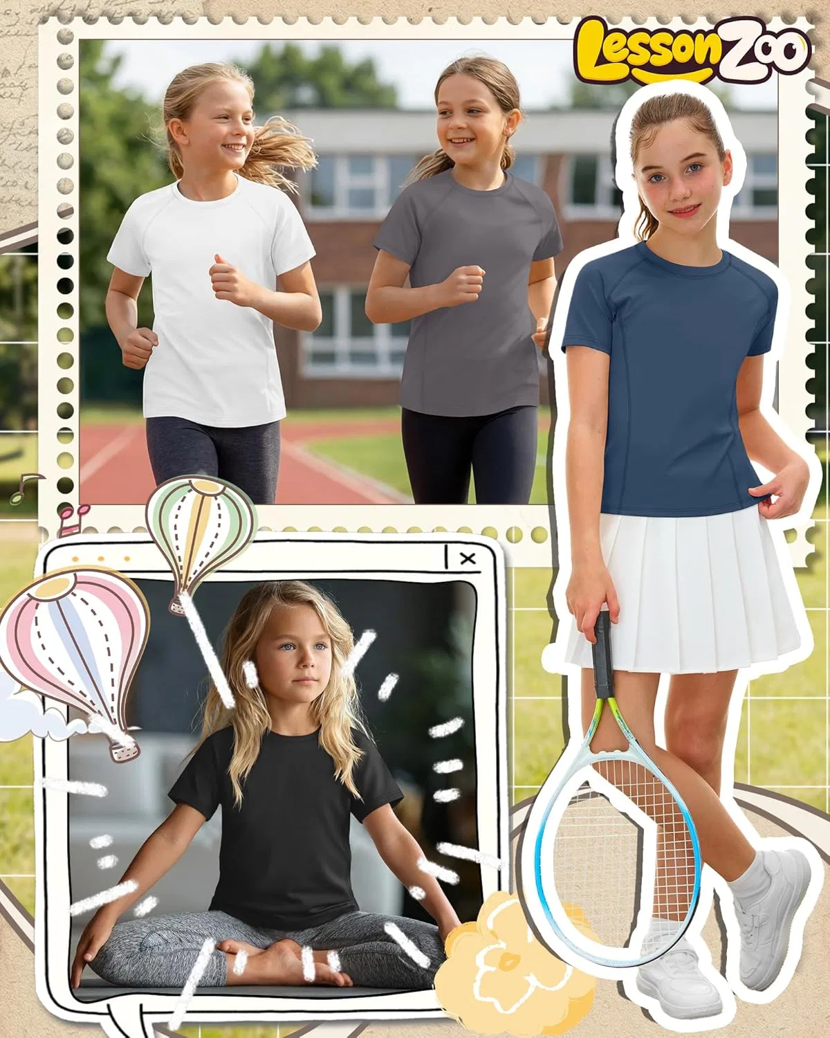 Комплект футболок для девочек, быстросохнущие, LessonZoo, 4 шт, Haze Blue, White, Dark Gray, Black — фото 3