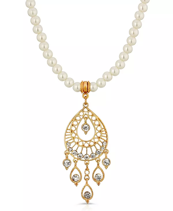 

Ожерелье из ажурного искусственного жемчуга золотистого оттенка с кристаллами 2028, white