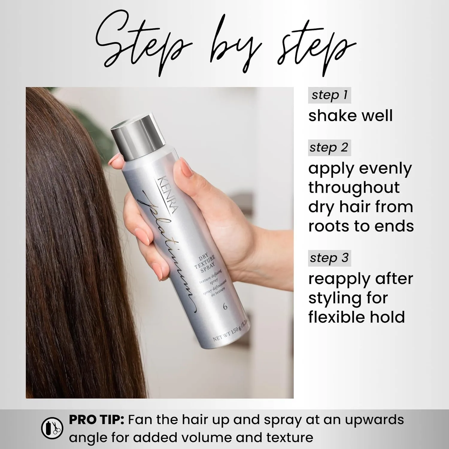 Kenra Platinum Dry Texture Spray 6, спрей для текстуры и объема, увеличивает текстуру и пышность, абсорбирует жир и загрязнения, ультралегкая формула без сушки, для всех типов волос 150.26 г (1 шт.) — фото 4