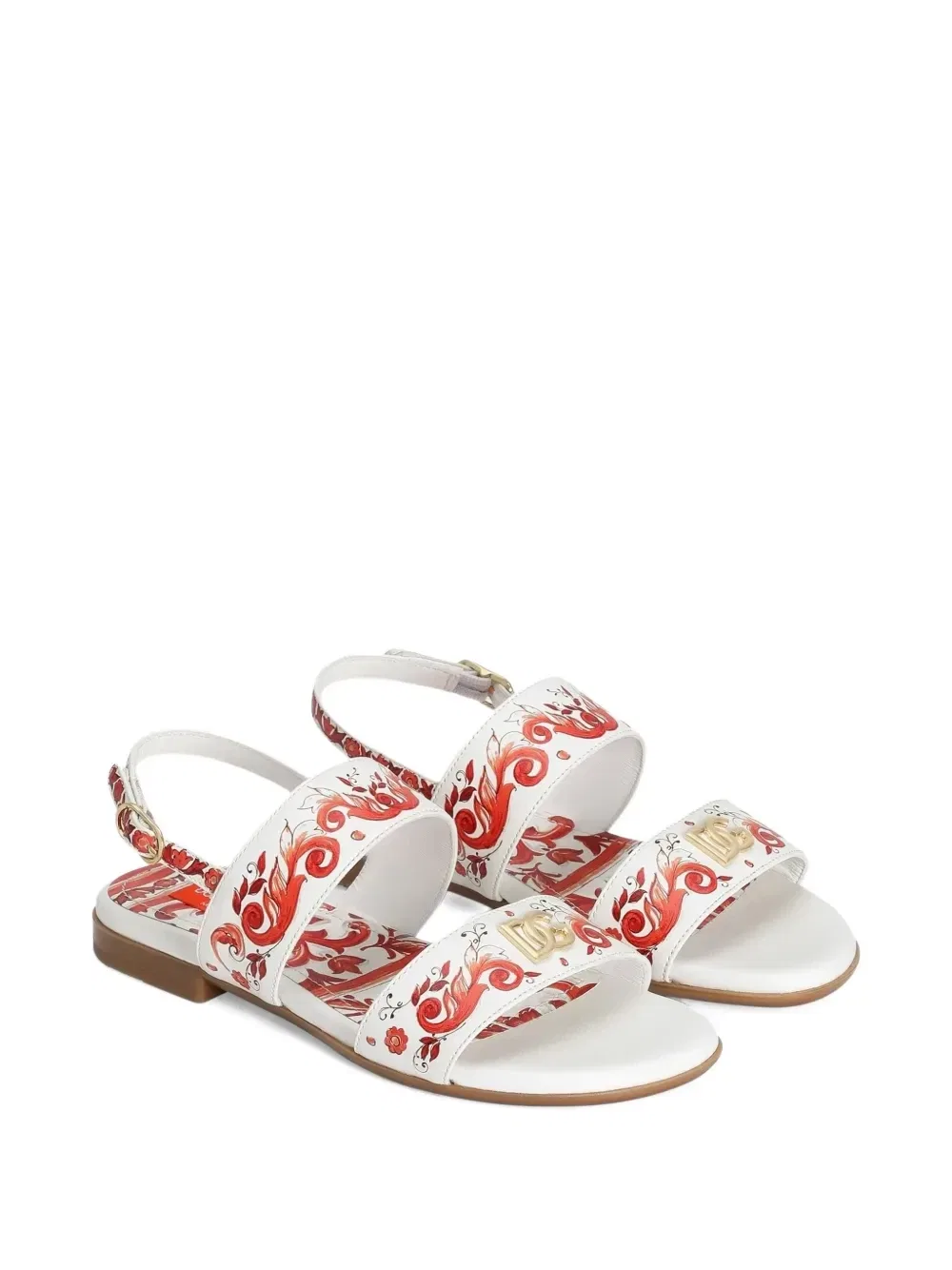Босоножки из телячьей кожи с майоликовым принтом Dolce & Gabbana Kids, белый