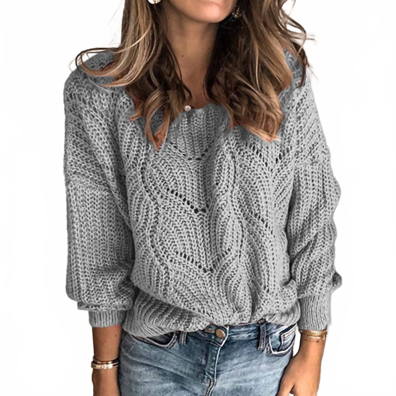 

Свитер с круглым вырезом и ажурной вязкой в сером меланже Lily Clothing, серый