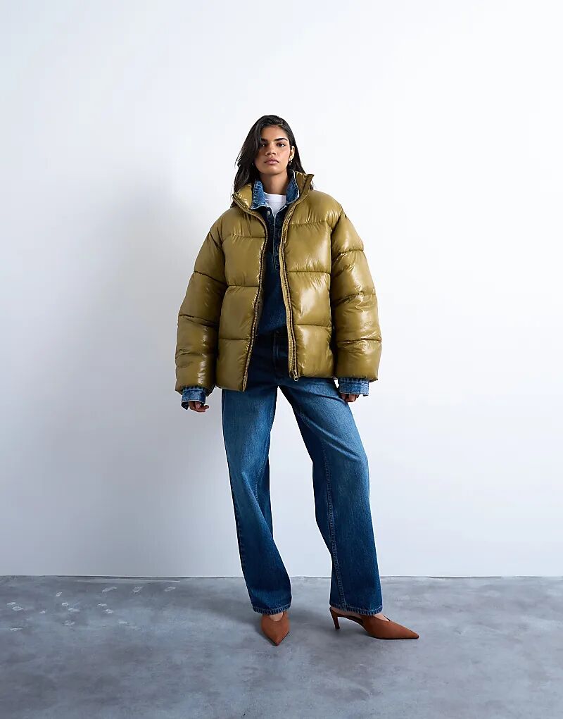 

Блестящая куртка-пуховик средней длины Topshop цвета хаки