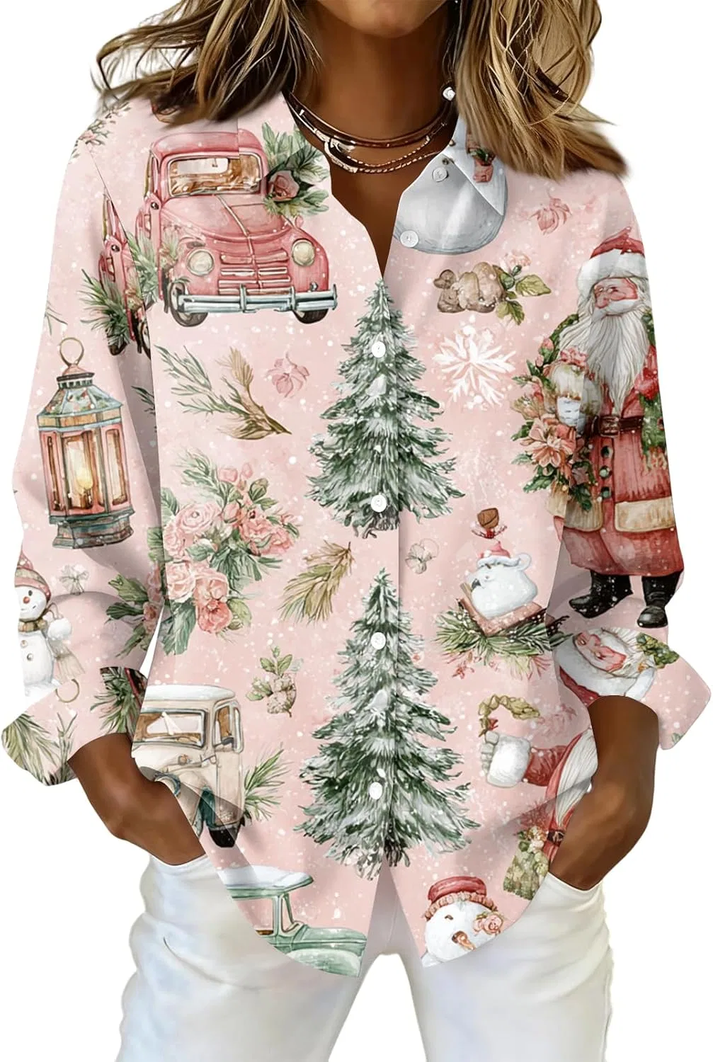 Женская блуза с рождественским принтом, Oversized, на пуговицах, длинный рукав, 3-light Pink
