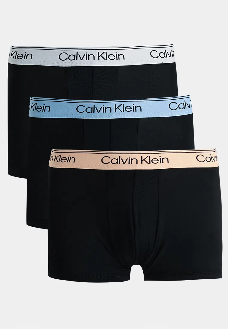 Трусы, микрофибра, низкая посадка, 3 шт., Calvin Klein, черный/синий/персиковый