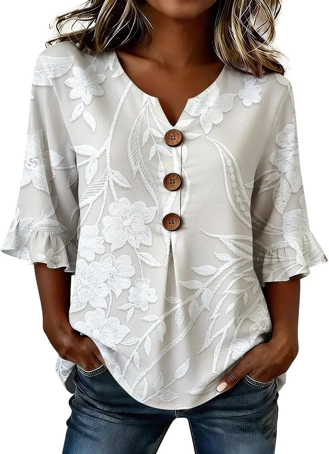 Блуза женская с V-вырезом, Linen Tops, Light Gray