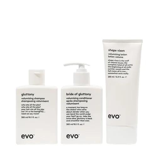 Набор EVO Volumizing Hair Care Essentials: шампунь Gluttony Volumising Shampoo, кондиционер Bride of Gluttony Volumising Conditioning Conditioner, лосьон Shape Vixen Volumising Lotion.