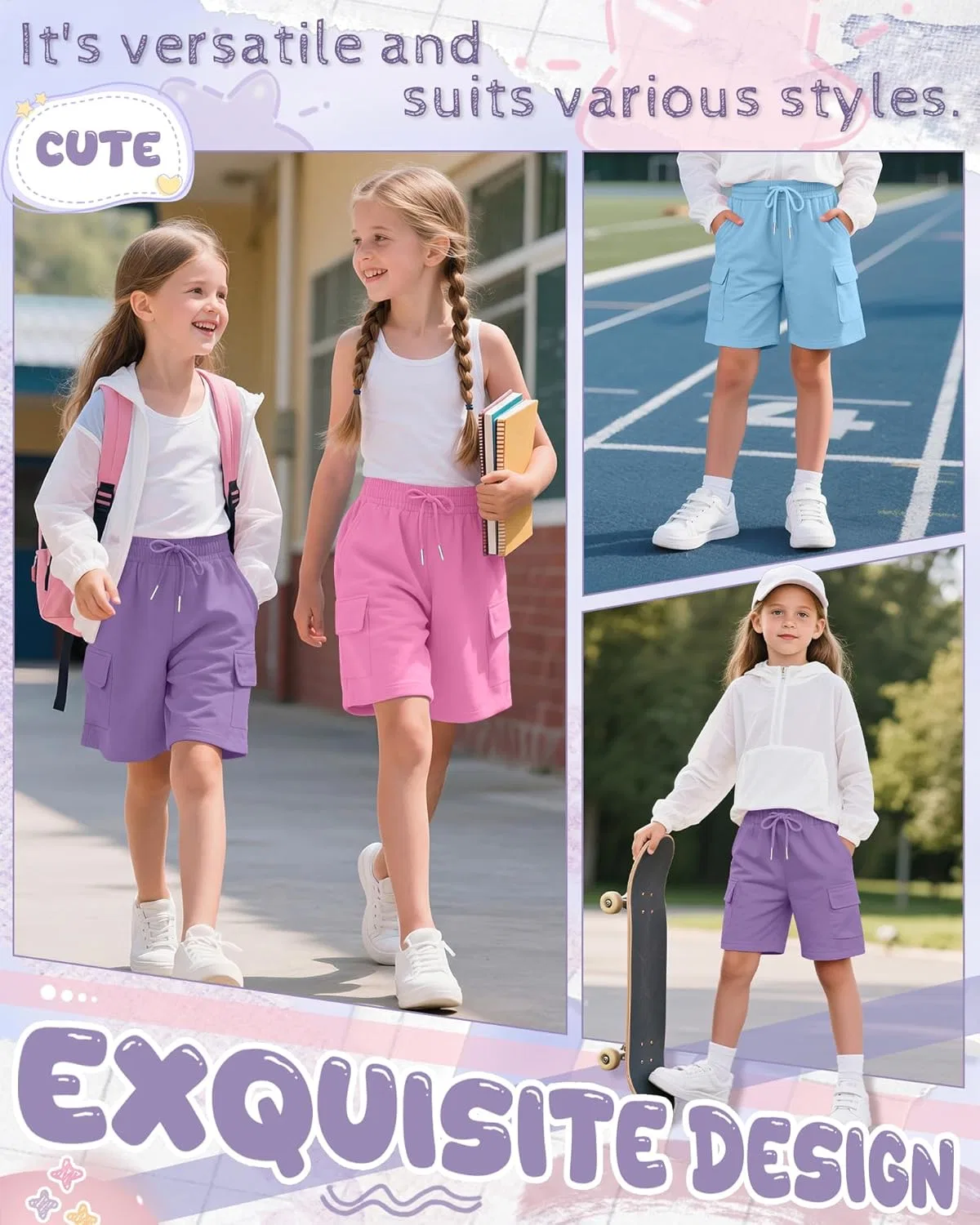 Шорты бермуды 3 шт, детские, LessonZoo, Light Blue, Rose Pink, Taro Purple — фото 4