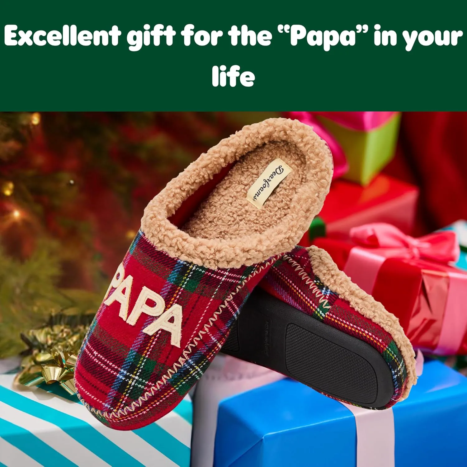 Мужские тапочки Dearfoams Matching Family Holiday Papa Bear с вышивкой, отделка шерпой, модель Moc Toe, красный — фото 3