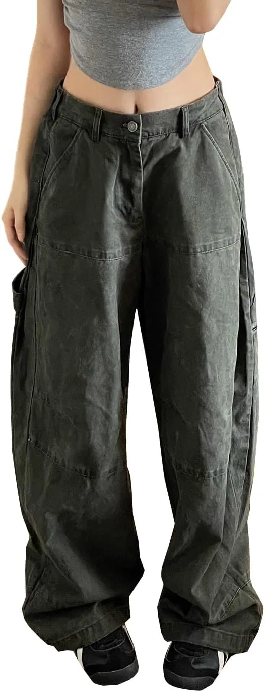 

Женские карго штаны high waist baggy jeans loose retro grey denim SHAREYOIU