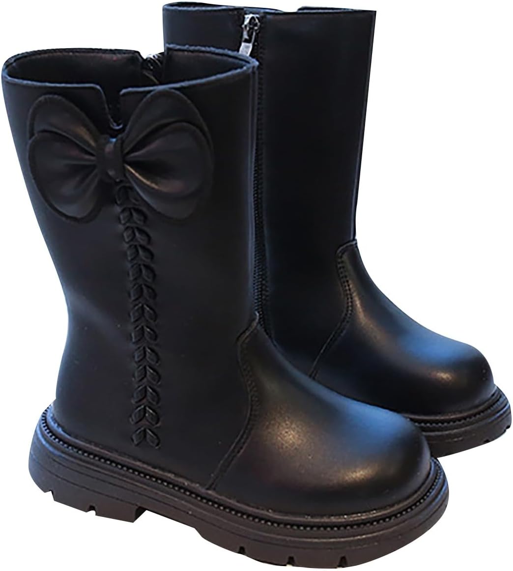 

Детские ботильоны для девочек с боковой молнией, милым бантом, зимние снежные сапожки 2025 года, водонепроницаемые, с нескользящей подошвой, короткие, удобные, на массивной подошве, боевые ботинки Generic, #01 Black