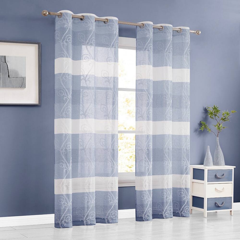

Комплект из 2 льняных оконных занавесок с цветочной вышивкой Dainty Home Silvia в полоску с эффектом омбре и текстурированной люверсом, синий
