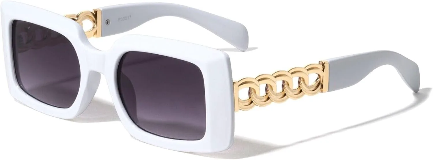

Солнцезащитные очки Dweebzilla Wide Square Sleek Gold Cuban Link с цепочкой в ​​стиле ретро, ​​дизайнерская мода, White & Gold Frame - Black Gradient Lenses
