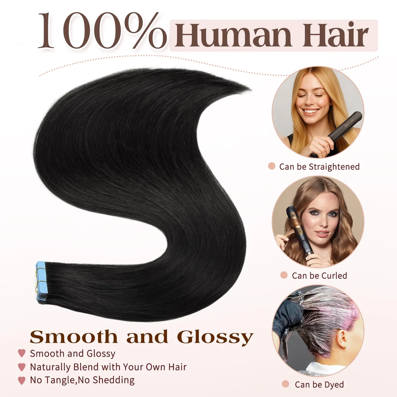 Накладные пряди для волос на ленте Remy 40 см, 20 шт., 40 г Agmity, #1 Deep Black — фото 2