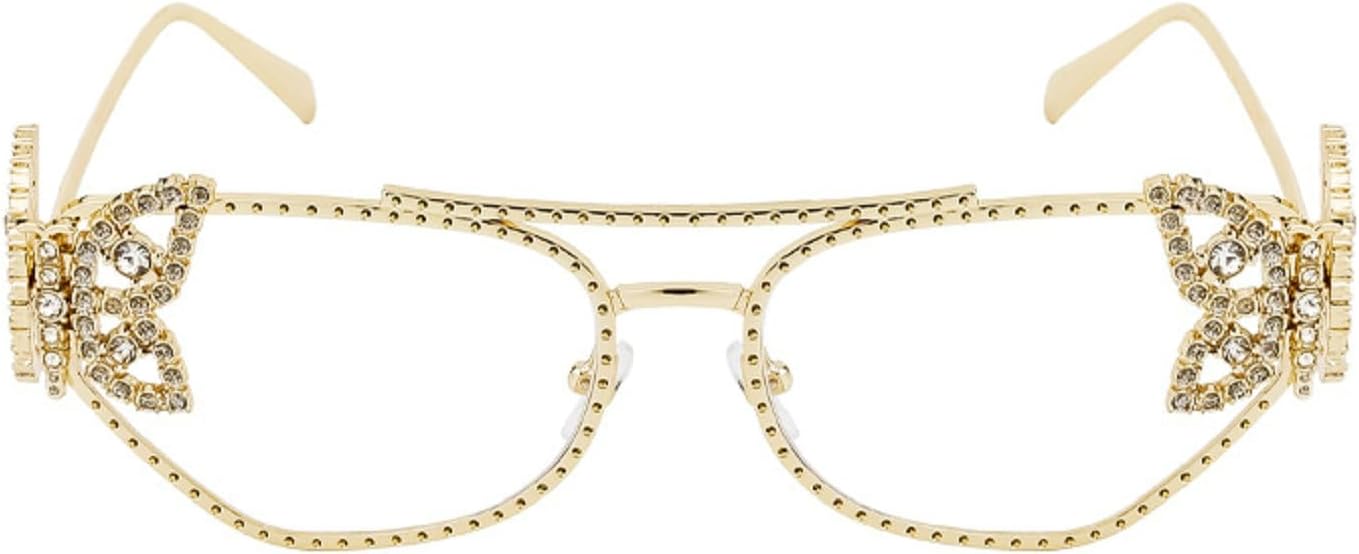 

Женские солнцезащитные очки в квадратной оправе с блестками и стразами в форме бабочки, роскошные, увеличенного размера, металлические, с защитой от УФ-излучения UV400, артикул 98114 Melrose, Gold Clear