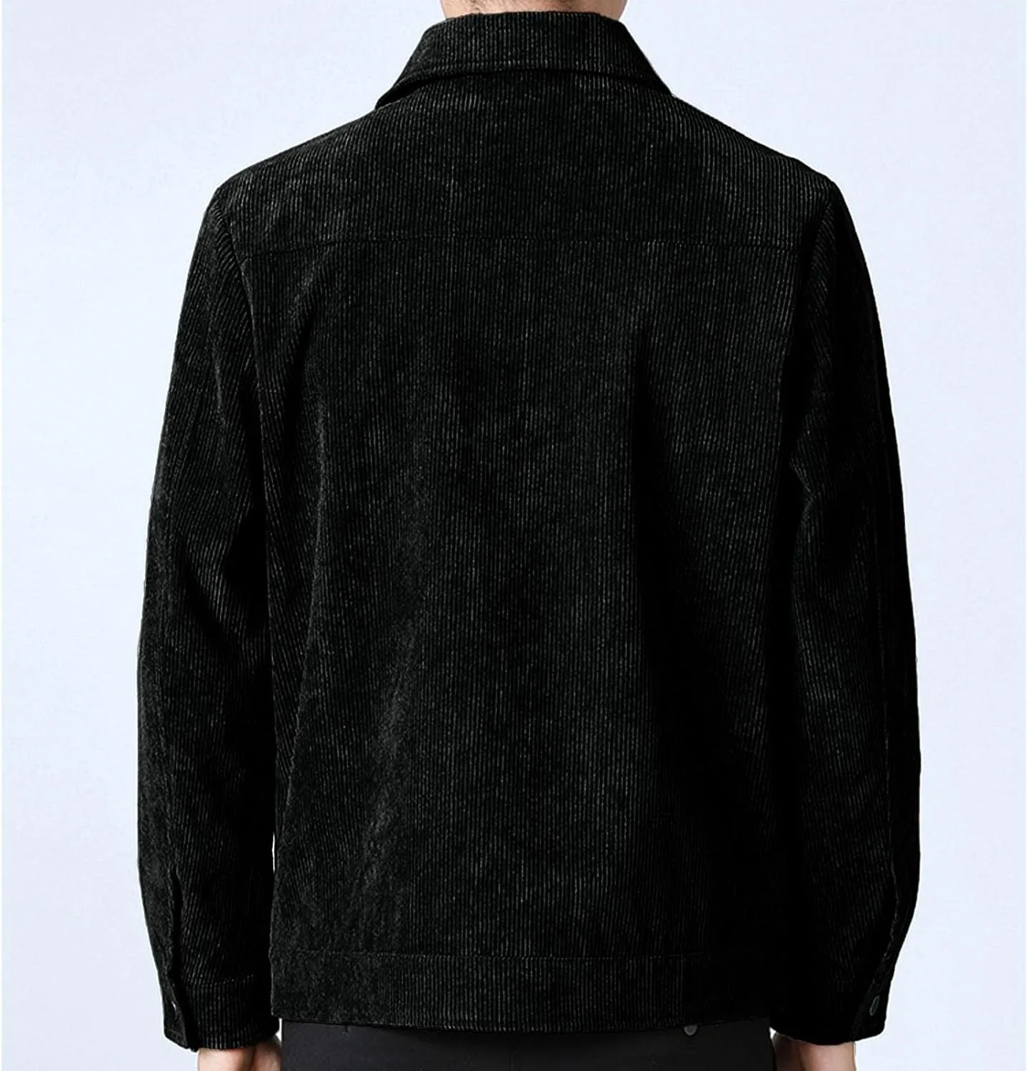 Мужские вельветовые рубашки, куртки, осенние куртки с лацканами и длинными рукавами, пальто, повседневные однотонные куртки-рубашки на пуговицах с карманами на молнии Generic, черный — фото 4
