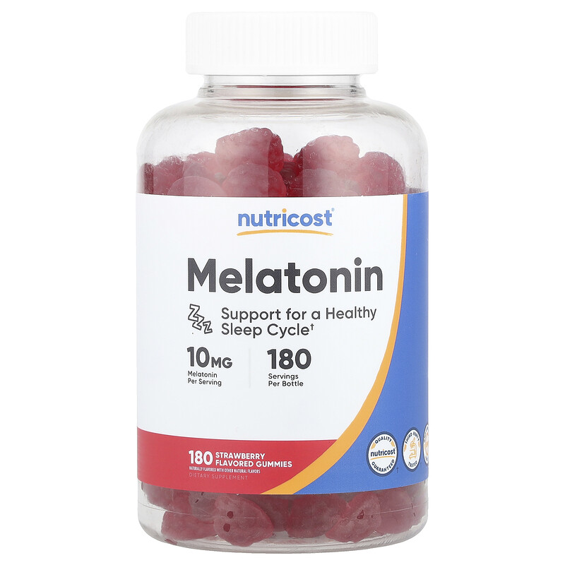 

Nutricost, жевательные таблетки с мелатонином, со вкусом клубники, 10 мг, 180 жевательных таблеток
