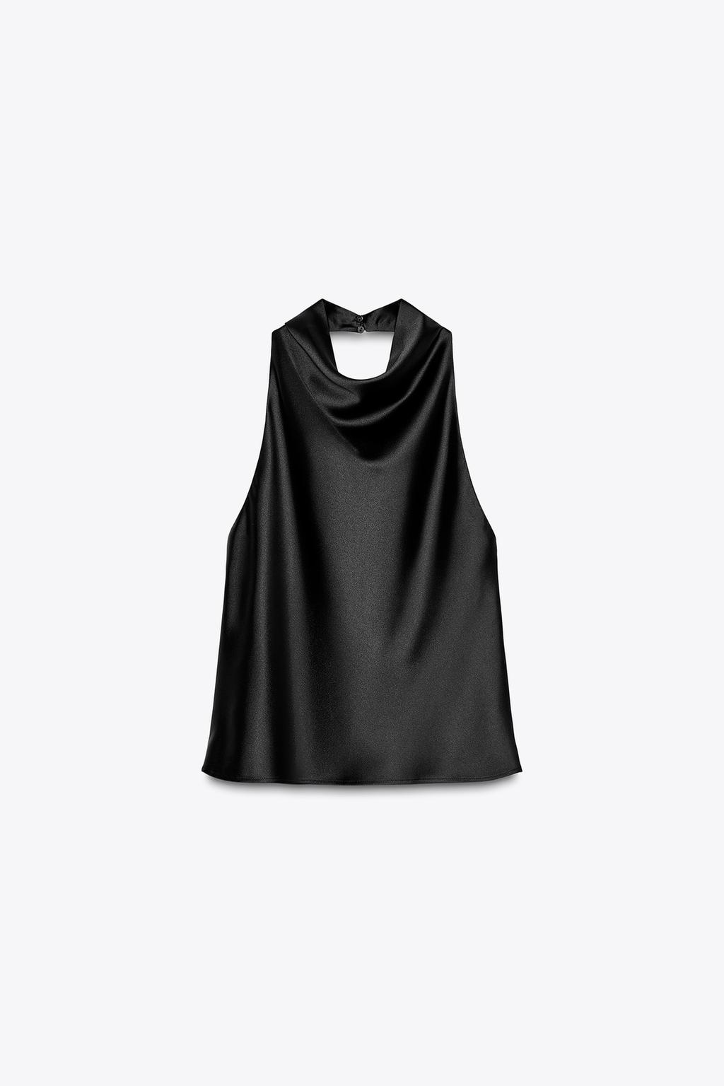 

Атласный топ на бретельках ZARA, черный