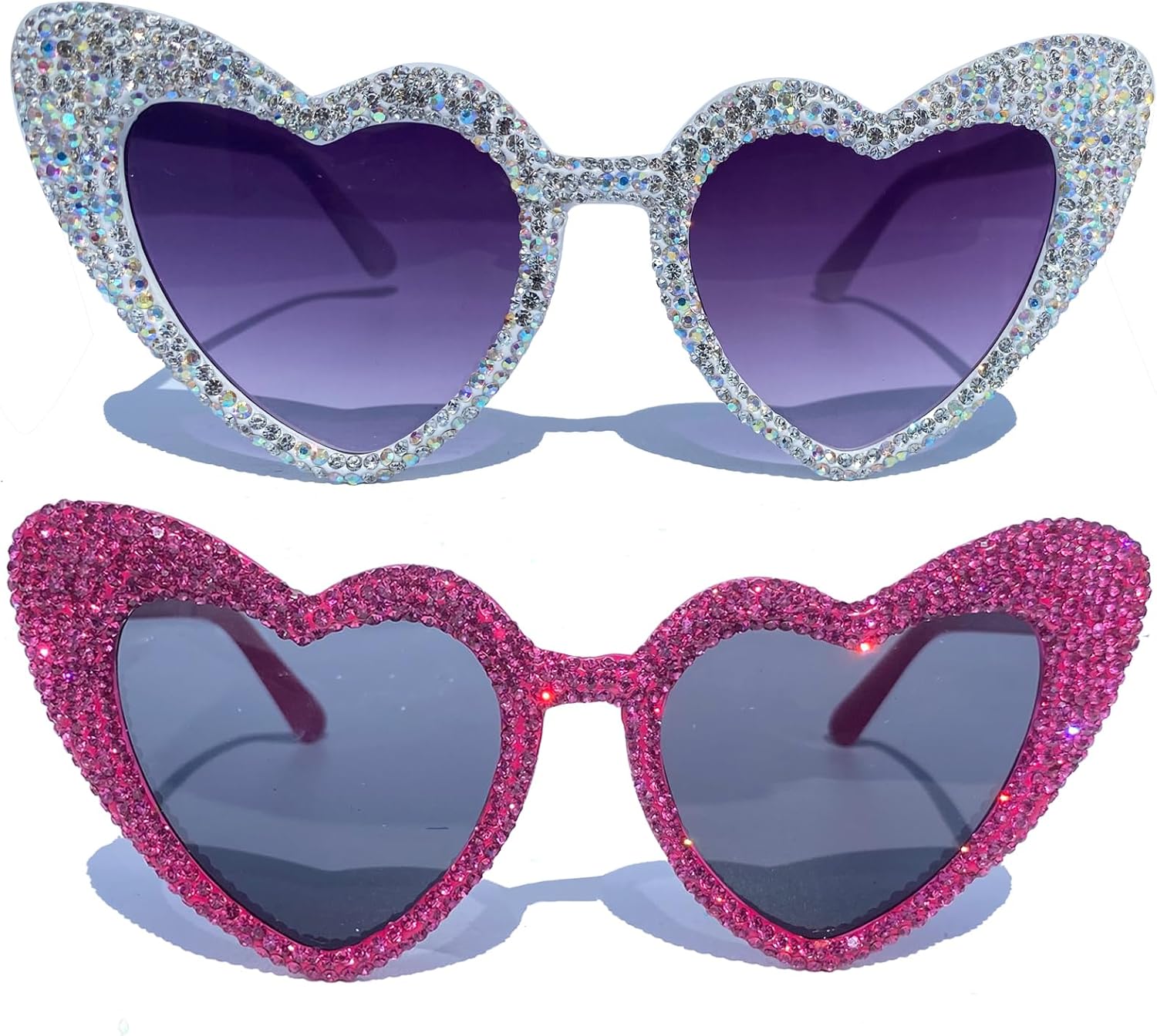 

Милые женские солнцезащитные очки в форме сердца, модные, блестящие, с бриллиантами, многоугольные, с розовыми стразами, с защитой от УФ-излучения mincl, 2pcs-white&rose