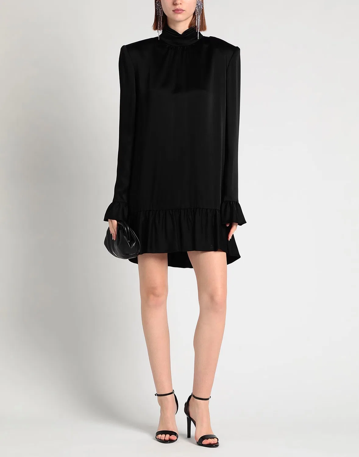 Платье мини из сатина с рюшами SAINT LAURENT черное — фото 4