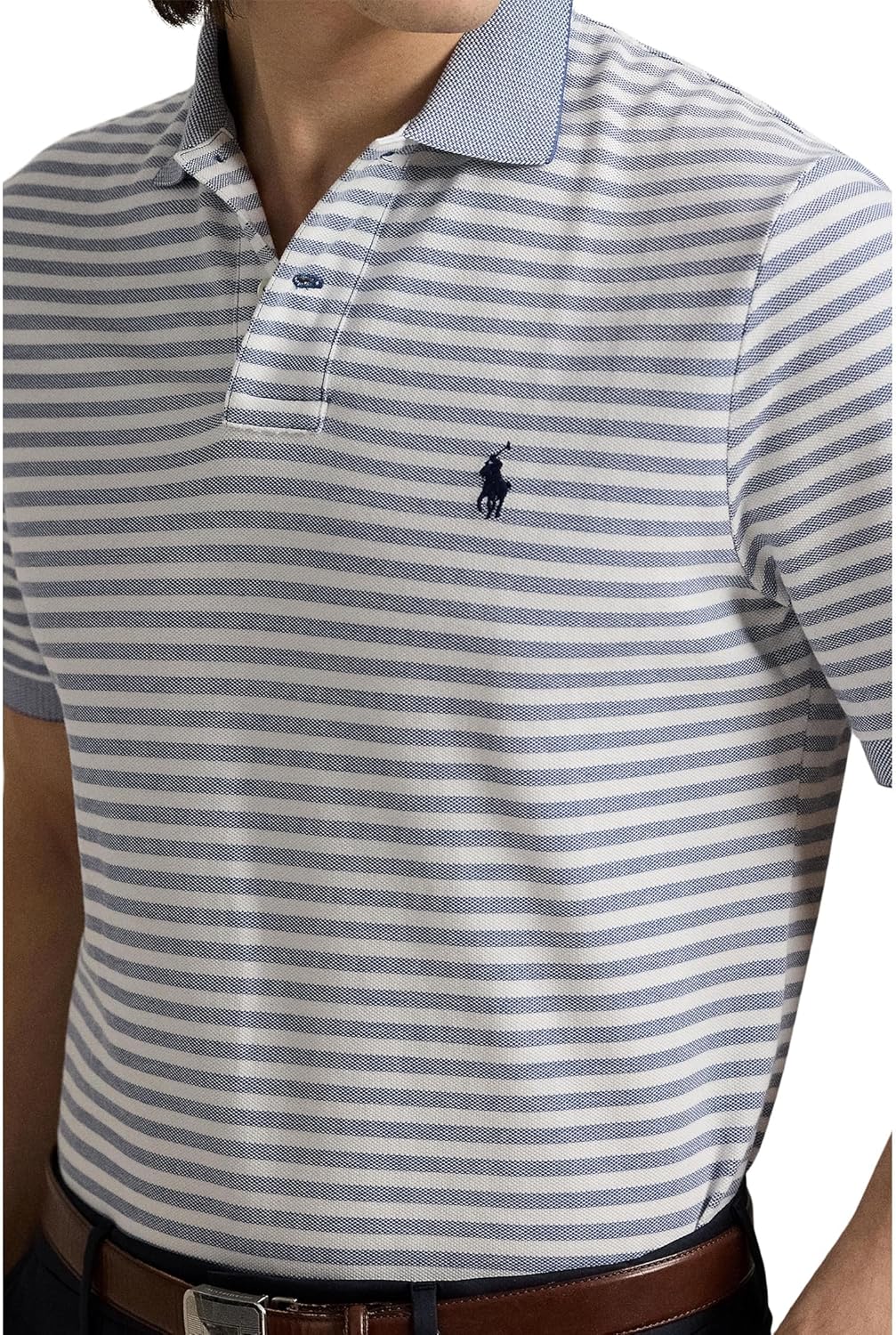POLO RALPH LAUREN Мужская классическая полосатая поло из сетчатой ткани, Earth Blue/White — фото 3