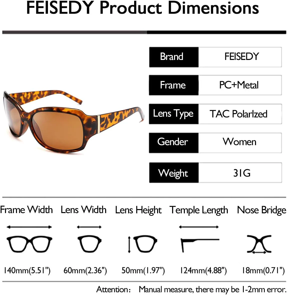 

Поляризованные солнцезащитные очки FEISEDY большого размера для женщин и мужчин, классическая прямоугольная оправа с защитой UV400, модель B2504, Leopard