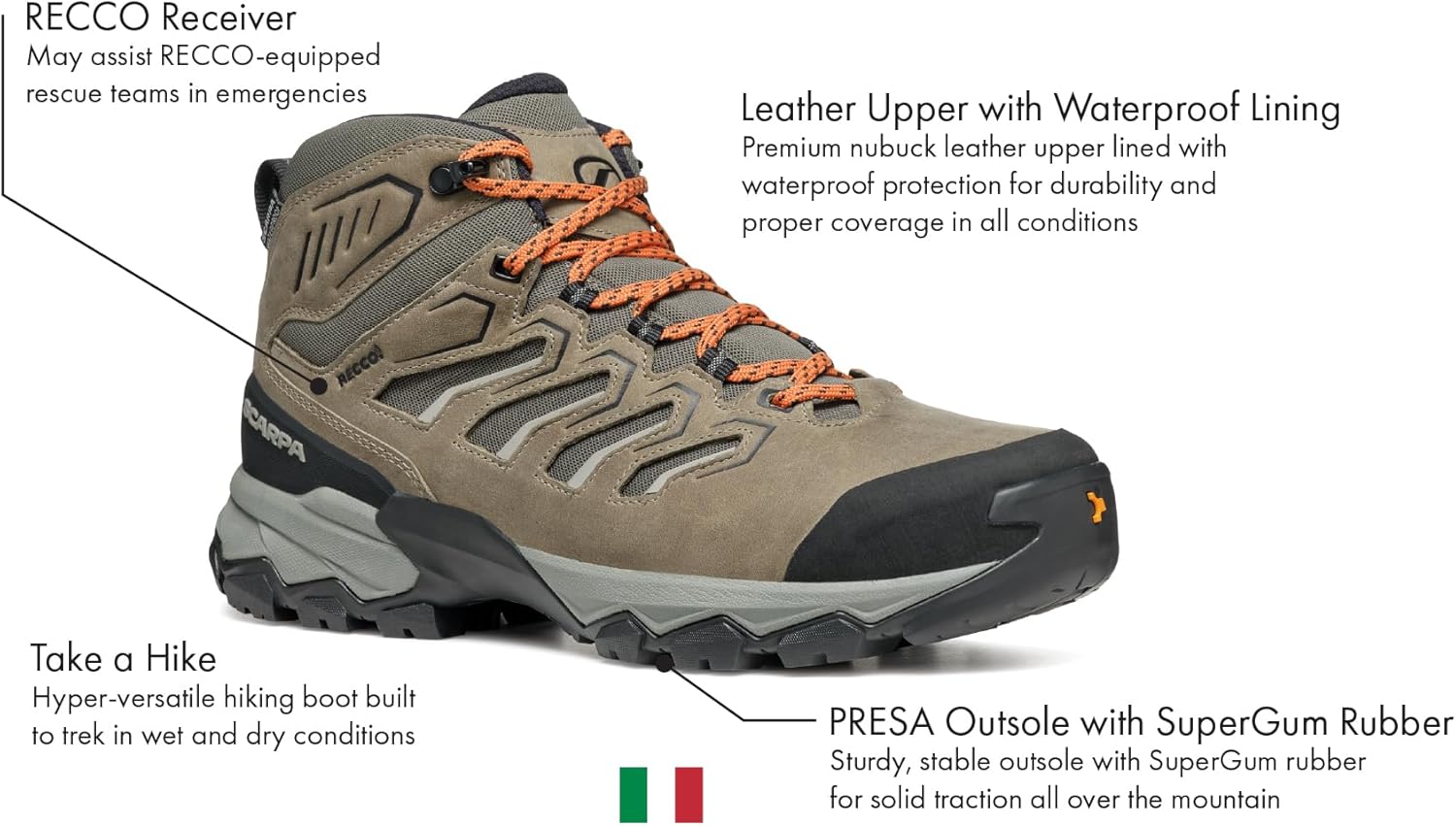 Мужские водонепроницаемые дышащие ботинки SCARPA Moraine Mid WP для пеших походов и треккинга, коричневый — фото 2