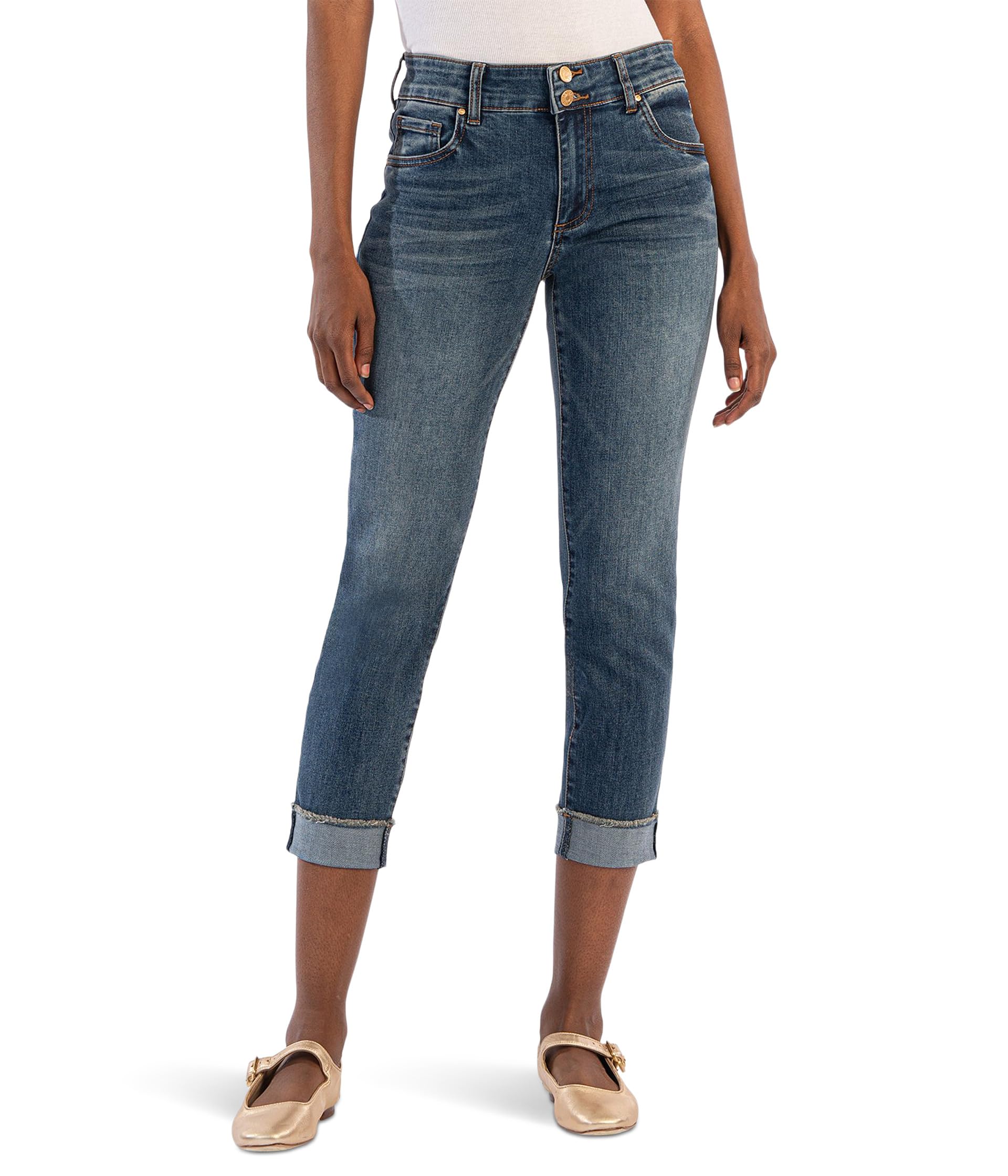 

Джинсы KUT from the Kloth Amy Crop Straight-Wstbnd Double Btn Roll Up, цвет Showcase With Dark Base Wash