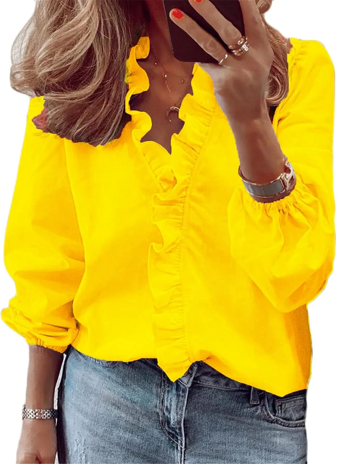 

Andongnywell Женская блуза с рюшами на воротнике и V-образным вырезом