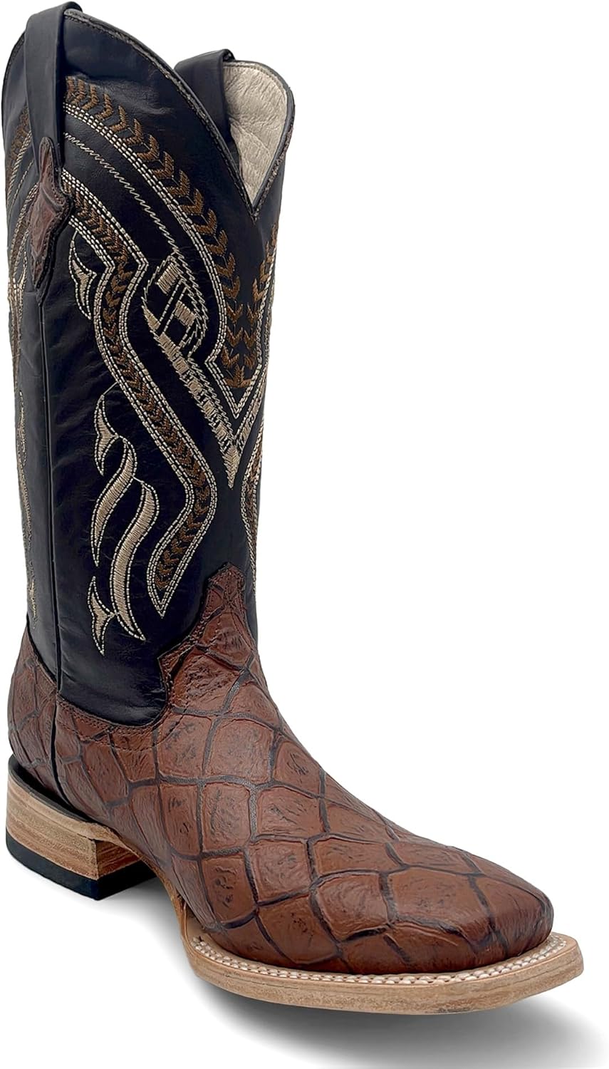 

Мужские кожаные вестерн-сапоги с принтом рыбы пирану и квадратным носком, средняя голень The Western Shops, коричневый