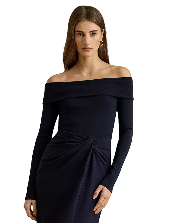Платье с открытыми плечами из трикотажа в рубчик и крепа Ralph Lauren, синий — фото 2