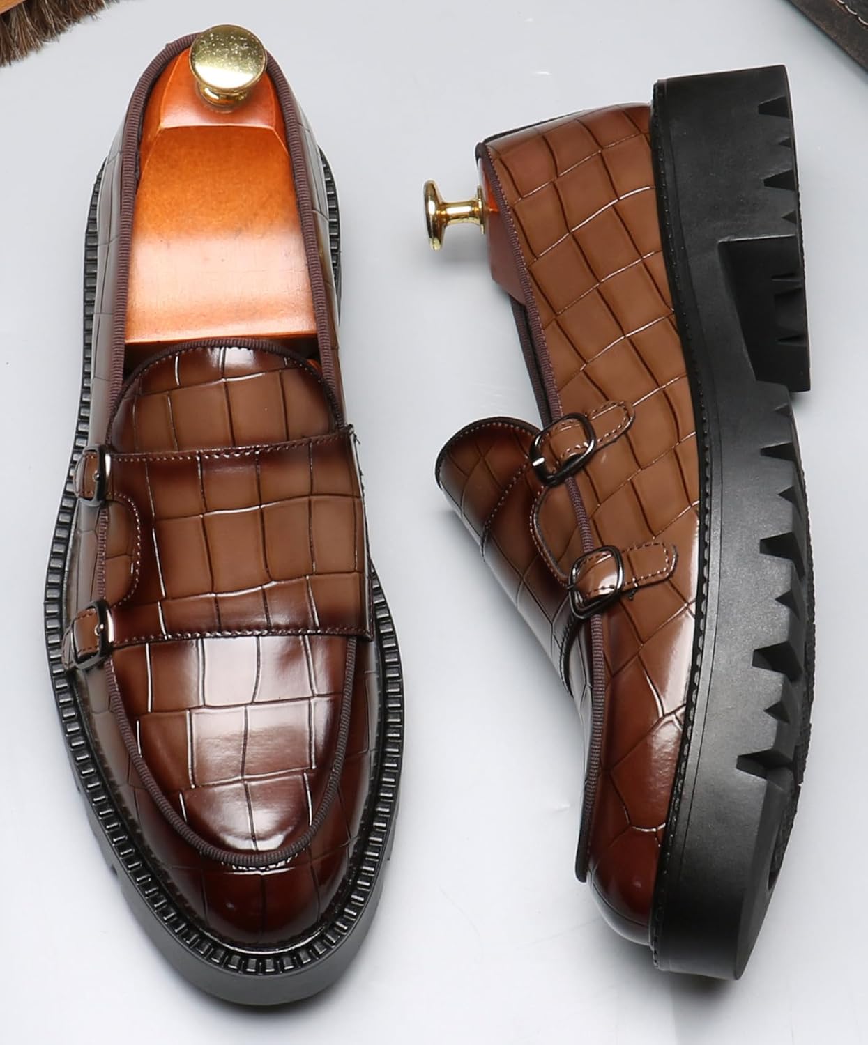 Мужские лоферы Santimon Loafers, повседневные, на каблуке, без шнурков, из лакированной кожи, с узором «шотландка», пенни-лоферы, смокинг, туксо, свадебные мокасины, официальная обувь для бизнеса и выпускного, коричневый — фото 3