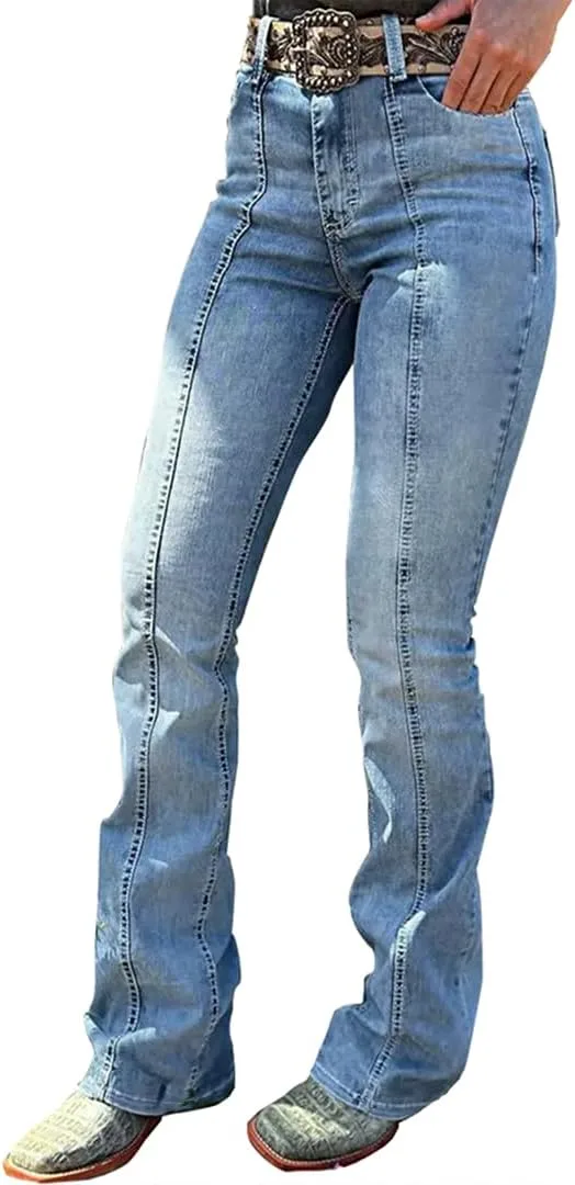 

Женские джинсы slim fit с принтом звезд и расклешенными штанинами Huang's