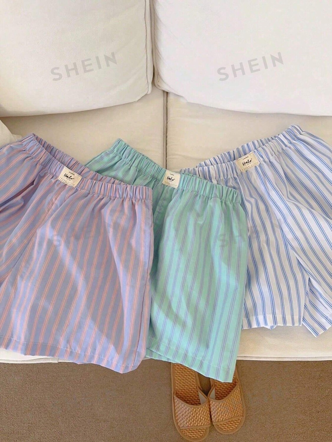 

EZwear - Женские повседневные шорты в красочную полоску с принтом Shein, синий/белый
