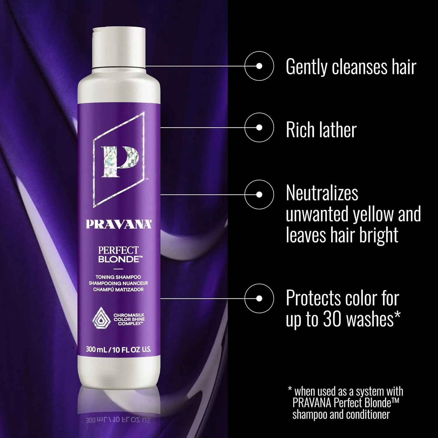 Pravana The Perfect Blonde Purple Toning Shampoo, нейтрализует медные и желтые оттенки, для окрашенных волос, Chromasilk усиливает блеск и защиту, веганский, без жестокости, без парабенов и сульфатов, yellow — фото 3