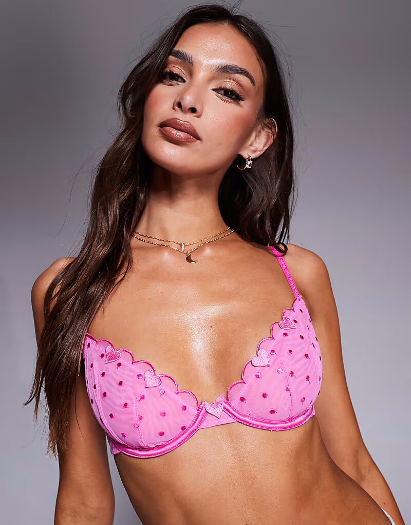 

Бюстгальтер-сетка ASOS DESIGN Roxy Spot Spot на косточках с сердечками в ярко-розовом цвете